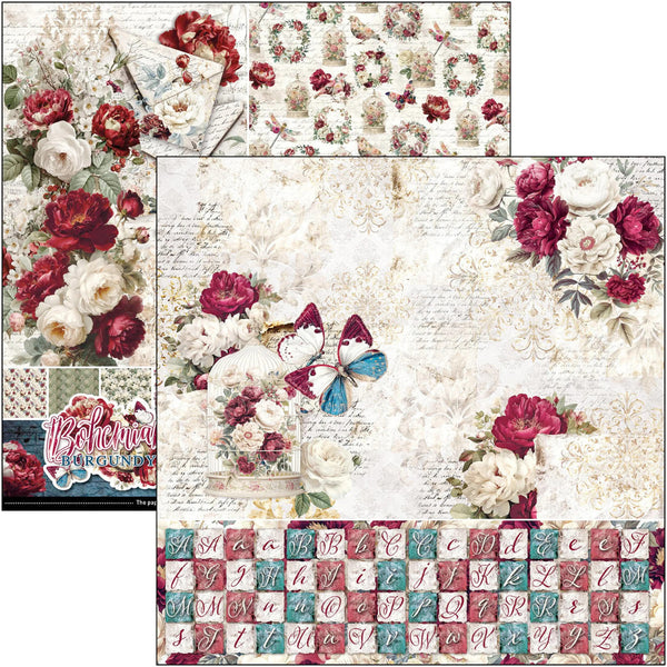 A collage of floral and decorative scrapbook paper designs featuring red and white roses, butterflies, vintage script, floral borders, alphabet tiles, and a small logo card reading 'Bourbon Rose'.