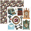 A vintage-themed collage sheet featuring a floral patterned paper swatch in burgundy, cream, and green, alongside illustrated objects including a teal typewriter, antique books, a gold mantel clock, a turquoise clock, ornate keys, a floral mirror frame, a light blue envelope, and a rose.