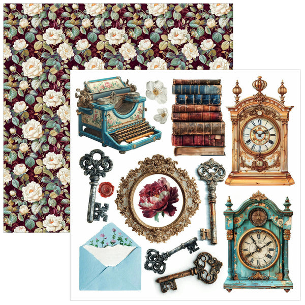 A vintage-themed collage sheet featuring a floral patterned paper swatch in burgundy, cream, and green, alongside illustrated objects including a teal typewriter, antique books, a gold mantel clock, a turquoise clock, ornate keys, a floral mirror frame, a light blue envelope, and a rose.