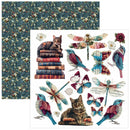 A sheet of decorative paper or craft vinyl featuring vintage-style illustrations, shown with a matching floral patterned backing. The front sheet includes a cat on stacked books, butterflies, dragonflies, birds, flowers, and script text on a white background.