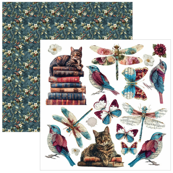 A sheet of decorative paper or craft vinyl featuring vintage-style illustrations, shown with a matching floral patterned backing. The front sheet includes a cat on stacked books, butterflies, dragonflies, birds, flowers, and script text on a white background.