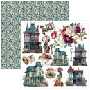 A sheet of decorative scrapbook paper or craft paper featuring Victorian-style house illustrations, floral arrangements, teacups, keys, envelopes, and a small dog, shown alongside a matching floral patterned backing sheet on a white background.