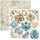 A sheet of decorative paper or scrapbook paper featuring ornate damask and scroll motifs in gold, teal, gray, and beige, with a matching vintage script paper background visible behind it.