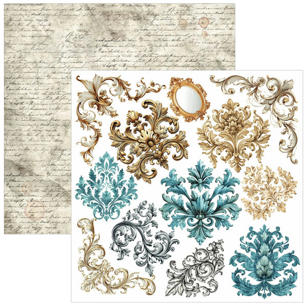 A sheet of decorative paper or scrapbook paper featuring ornate damask and scroll motifs in gold, teal, gray, and beige, with a matching vintage script paper background visible behind it.