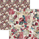 Two square sheets of decorative scrapbook paper with vintage floral and collage designs, one featuring a burgundy rose pattern and the other a multicolor collage with flowers, butterflies, compasses, and script.