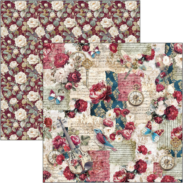 Two square sheets of decorative scrapbook paper with vintage floral and collage designs, one featuring a burgundy rose pattern and the other a multicolor collage with flowers, butterflies, compasses, and script.