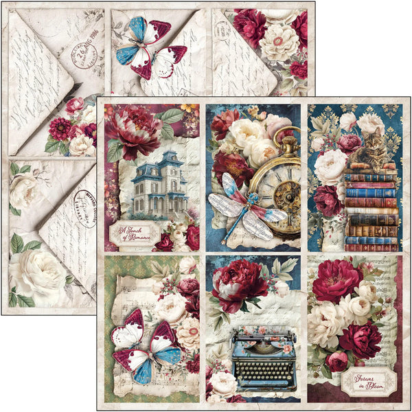 A set of vintage-themed scrapbooking paper sheets featuring floral designs, butterflies, a clock, books, a typewriter, and postmarks on aged paper backgrounds.