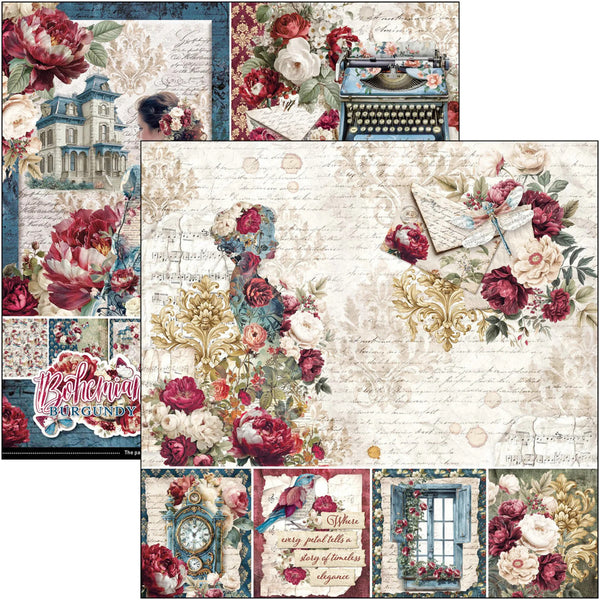 A collage of vintage-themed scrapbooking paper designs featuring red and white roses, handwritten script, old typewriters, a chateau, a clock, and floral damask patterns on a white background.
