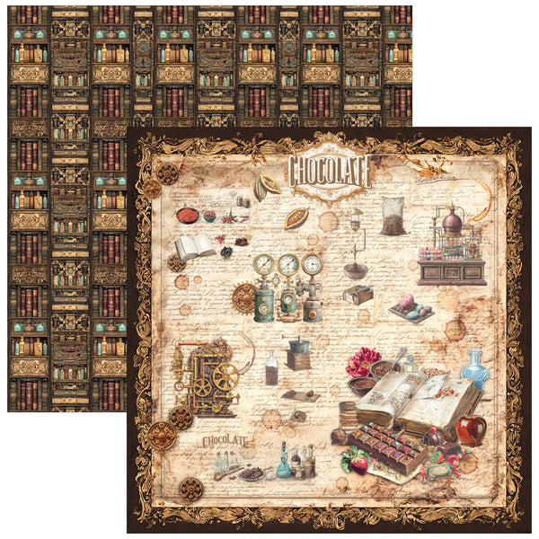 Two sheets of decorative scrapbook paper with a vintage chocolate-themed design. One sheet features a repeating pattern of dark brown bookshelves, and the other features a central vintage illustration with the word 'CHOCOLATE' at the top, surrounded by clocks, books, bottles, and cocoa motifs on an aged parchment background.