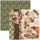 Two square decorative paper sheets with vintage-style collage and pattern designs, one featuring a green botanical pattern and the other a multicolor retro scene with gears, script, fruit, and a woman in a hat.