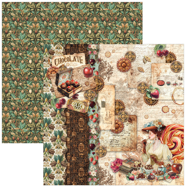 Two square decorative paper sheets with vintage-style collage and pattern designs, one featuring a green botanical pattern and the other a multicolor retro scene with gears, script, fruit, and a woman in a hat.