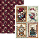 A sheet of vintage-style scrapbooking paper or craft paper with a floral pattern in deep burgundy and cream, shown alongside four decorative sample panels featuring flowers, a bird in a cage, an ornate clock, and a kitten at a typewriter.