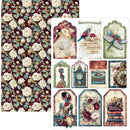 A sheet of scrapbooking paper or craft paper featuring a vintage floral pattern on the left and multiple decorative tag and illustration designs on the right, including birds, a dragonfly, a clock, a typewriter, a pocket watch, and stacked books.