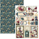 A sheet of decorative scrapbook paper or craft paper featuring a vintage floral and ornamental design. The left side shows a close-up of the repeating pattern in muted teal, cream, burgundy, and small red accents.