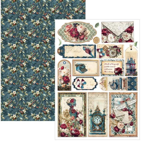 A sheet of decorative scrapbook paper or craft paper featuring a vintage floral and ornamental design. The left side shows a close-up of the repeating pattern in muted teal, cream, burgundy, and small red accents.