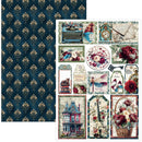 A sheet of vintage-themed scrapbooking paper or craft decoupage paper, featuring a dark teal damask pattern on the left and a white sheet of assorted vintage illustrations on the right, including a typewriter, flowers, a house, a bird, and a basket of roses.
