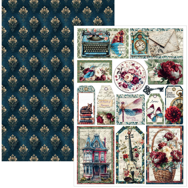 A sheet of vintage-themed scrapbooking paper or craft decoupage paper, featuring a dark teal damask pattern on the left and a white sheet of assorted vintage illustrations on the right, including a typewriter, flowers, a house, a bird, and a basket of roses.
