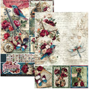 A collage of vintage-style scrapbook paper designs featuring blue birds, red roses, butterflies, a violin, a pocket watch, handwritten script, envelopes, and dragonflies on aged cream paper backgrounds.