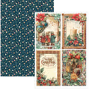 A sheet of Christmas-themed scrapbooking paper or cardstock featuring a navy blue background with small white and gold polka dots, alongside four decorative holiday card designs with vintage illustrations, poinsettias, ornaments, and festive borders.