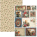 A sheet of double-sided scrapbook paper with a vintage Christmas theme, featuring a large solid patterned section on the left and a collage of smaller holiday-themed printed panels on the right.