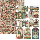 A sheet of Christmas-themed scrapbooking paper or craft collage featuring a large patterned section on the left and multiple decorative label and scene elements on the right, including candy canes, cookies, lanterns, houses, and holiday text such as 'Memory,' 'Favor,' and 'Pakery.'.