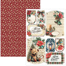 Christmas-themed scrapbooking paper sheet featuring a red patterned background on the left and multiple decorative holiday sticker-style panels on the right, including 'Merry Christmas' labels, a teddy bear, bells, flowers, and a lantern.