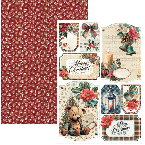 Christmas-themed scrapbooking paper sheet featuring a red patterned background on the left and multiple decorative holiday sticker-style panels on the right, including 'Merry Christmas' labels, a teddy bear, bells, flowers, and a lantern.