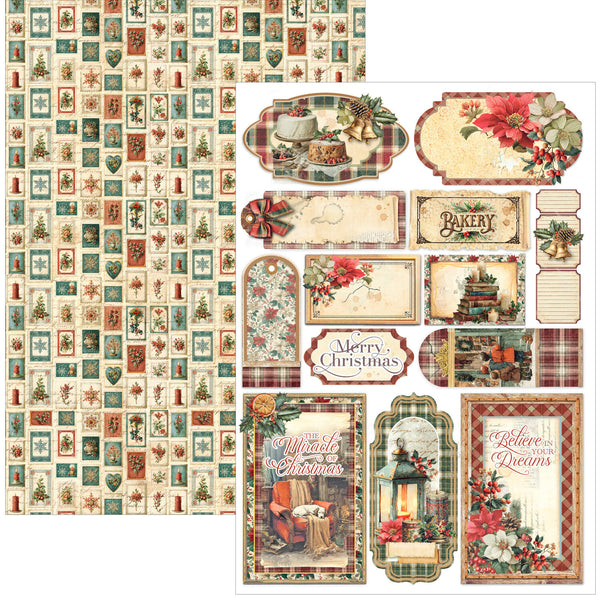 A sheet of Christmas-themed scrapbooking paper featuring a collage of vintage holiday designs, including plaid borders, floral ornaments, a gingerbread house, a lantern, and phrases like 'Merry Christmas' and 'Where Dreams Begin.'.