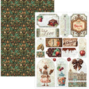 A sheet of decorative scrapbook paper or sticker/sticker designs displayed beside a matching patterned paper swatch. The design features vintage labels, cherries, chocolate, a girl in a dress, a jar of candy, and ornate text including 'Love', 'Journal', 'Praline', and 'Chocolate'.