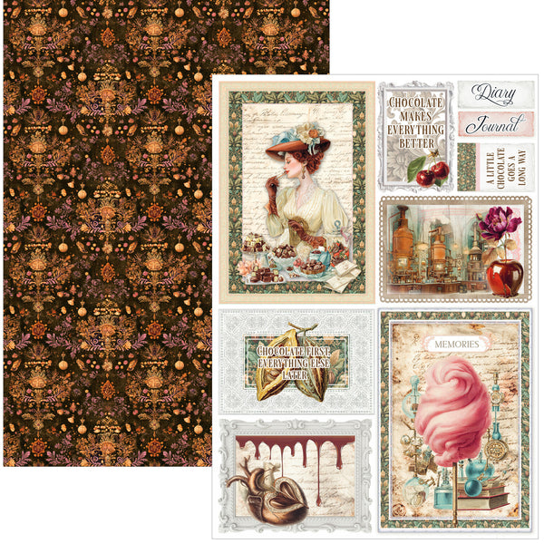 A sheet of decorative scrapbooking paper or craft paper with a vintage botanical pattern, shown alongside a larger sample sheet featuring multiple illustrated panels with quotes, bottles, cherries, cotton candy, and ornate borders.