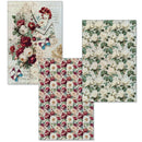 Three decorative paper sheets or cards with vintage floral designs, including red and cream roses, butterflies, and script backgrounds, arranged on a white background.