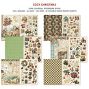 Cozy Christmas Junk Journal Ephemera Book cover showing multiple sample paper sheet designs arranged on a white background with red and black text at the top.