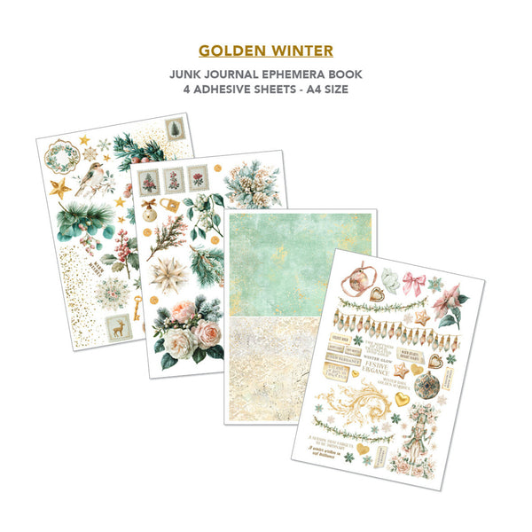 Three decorative adhesive sheet designs for a junk journal or ephemera book, displayed on a white background with the text 'GOLDEN WINTER' and 'JUNK JOURNAL EPHEMERA BOOK 4 ADHESIVE SHEETS - A4 SIZE'. The sheets feature winter-themed illustrations including pine branches, flowers, stars, birds, and vintage text in soft pastel and gold tones.