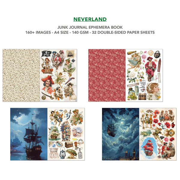 Junk journal ephemera book with various illustrations and text on a white background