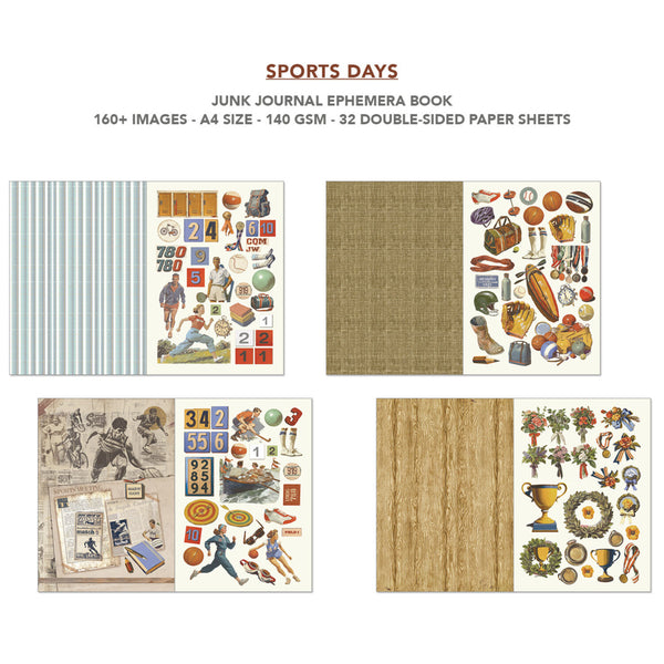 Sports-themed junk journal ephemera book with various images and textures on a white background.