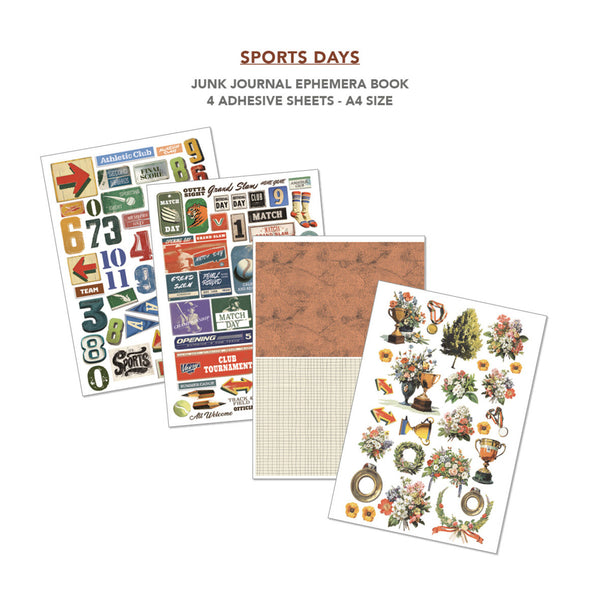 Collection of adhesive sheets with sports-themed designs on a white background