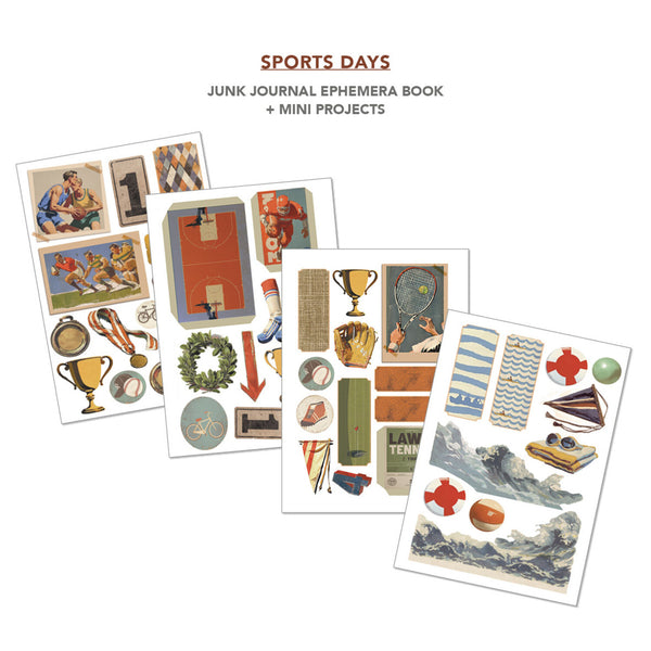 Collection of vintage-style sports-themed ephemera cards on a white background