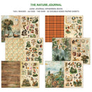 A collage showing multiple scrapbook paper sheets and embellishment designs under the title 'THE NATURE JOURNAL' and 'JUNK JOURNAL EPHEMERA BOOK.' The designs include woodland scenes, plaid, floral patterns, rustic textures, and small illustrated motifs such as trees, birds, baskets, and vintage objects.