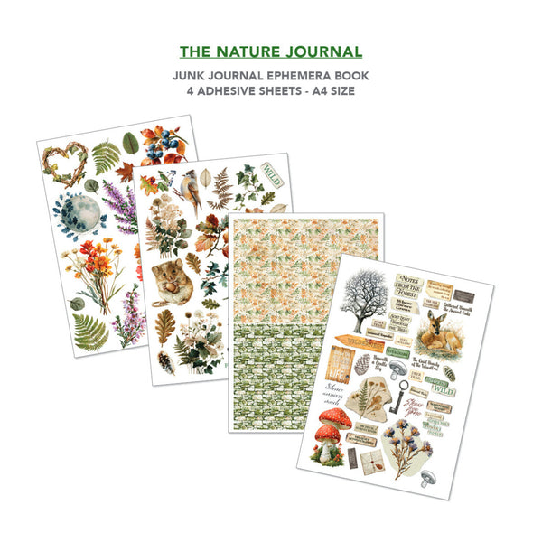 Four decorative adhesive sheets for a junk journal or ephemera book, displayed on a white background with the text 'THE NATURE JOURNAL' and 'JUNK JOURNAL EPHEMERA BOOK 4 ADHESIVE SHEETS - A4 SIZE'. The sheets feature woodland illustrations including leaves, flowers, mushrooms, animals, trees, and labels.
