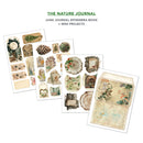 A set of vintage-style scrapbook paper sheets and an envelope displayed on a white background, with the text 'THE NATURE JOURNAL JUNK JOURNAL EPHEMERA BOOK + MINI PROJECTS' above them.