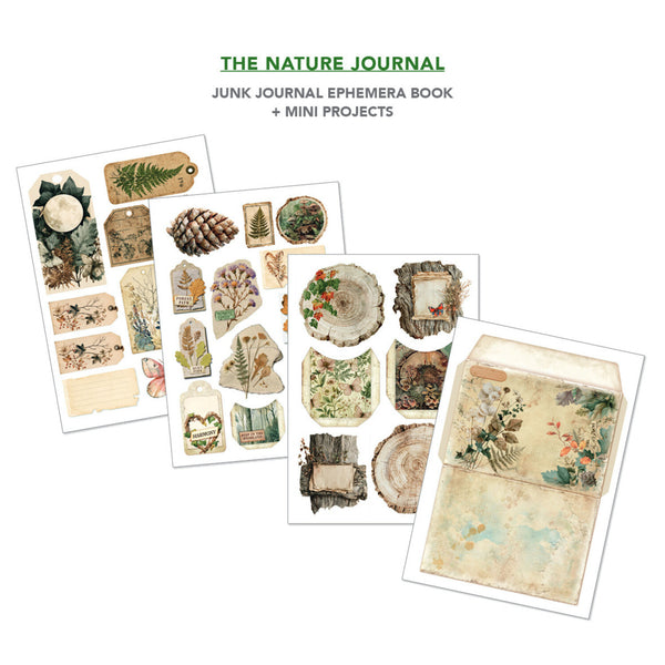 A set of vintage-style scrapbook paper sheets and an envelope displayed on a white background, with the text 'THE NATURE JOURNAL JUNK JOURNAL EPHEMERA BOOK + MINI PROJECTS' above them.