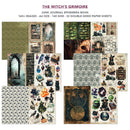 A collage of printed paper designs and pattern sheets for a junk journal ephemera book, with the title 'THE WITCH'S GRIMOIRE' and product details at the top on a white background.