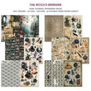 The Witch's Grimoire Junk Journal Ephemera Book collection featuring various vintage-style patterned paper sheets with illustrations of books, cauldrons, crows, flowers, and occult symbols on a white background with product text at the top.