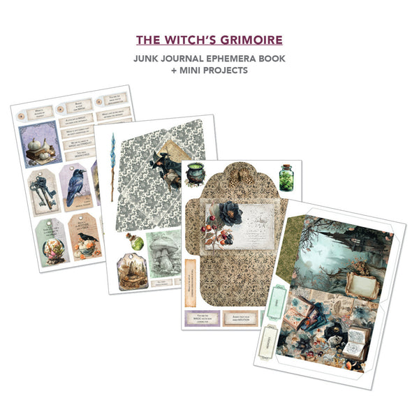 The Witch's Grimoire Junk Journal Ephemera Book and Mini Projects shown as a flat lay on a white background, featuring vintage-style illustrated sheets with labels, envelopes, and decorative paper designs.