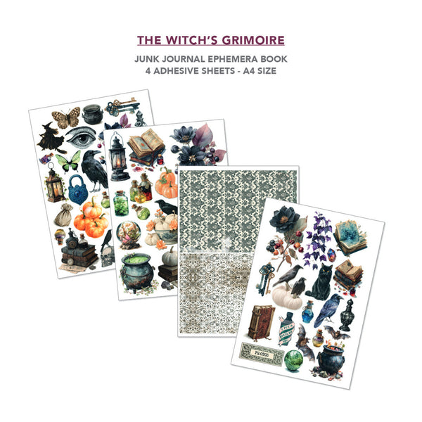 Three decorative adhesive sheet packs for a junk journal ephemera book, displayed on a white background with the text 'THE WITCH'S GRIMOIRE JUNK JOURNAL EPHEMERA BOOK 4 ADHESIVE SHEETS - A4 SIZE' at the top.