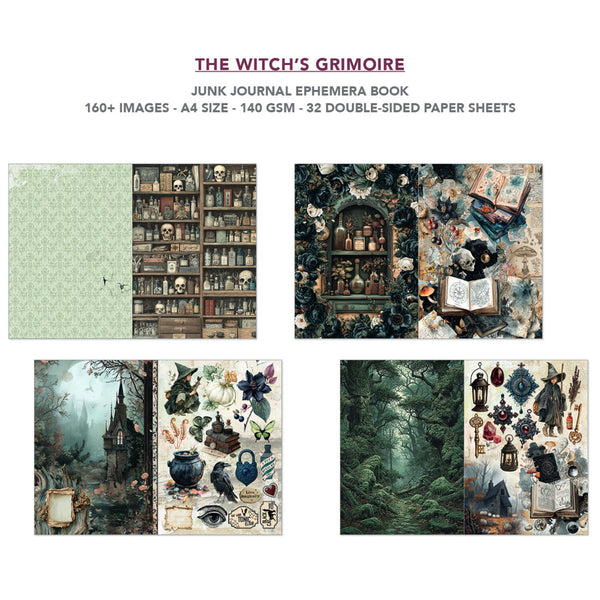 The Witch's Grimoire Junk Journal Ephemera Book cover and preview showing four sample pages with vintage occult illustrations, including bookshelves, cauldrons, a black cat, a witch's hut, and forest-themed scrapbook paper designs.