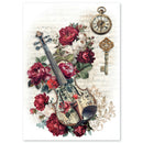 A vintage-style art print featuring a violin surrounded by deep pink and white peonies, with a gold pocket watch and antique key on a distressed sheet music background.