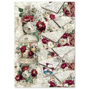 A vintage-style decorative collage featuring red and white flowers, envelopes with script writing, a birdcage filled with flowers, butterflies, and ornate paper textures on a light background.