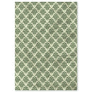 A rectangular area rug with a classic damask pattern in sage green and cream, shown flat against a white background.