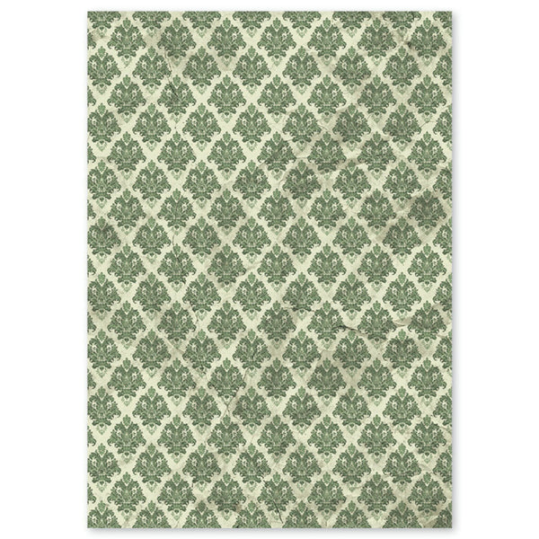 A rectangular area rug with a classic damask pattern in sage green and cream, shown flat against a white background.